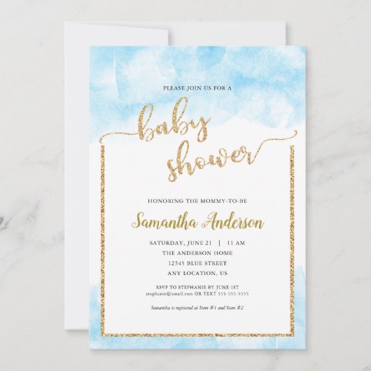 ボーイブルーウォーター用ベビーシャワー金ゴールドグリッター 招待状 (正面)