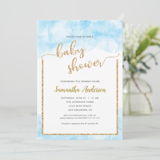 ボーイブルーウォーター用ベビーシャワー金ゴールドグリッター 招待状 (スタンド正面)