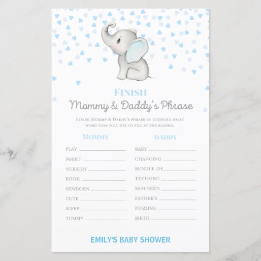 ボーイブルーエレファント赤ちゃんシャワーゲーム印刷 (正面)