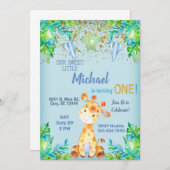 ボーイブルーキリン1歳の誕生日の招待状。 招待状 (正面/裏面)