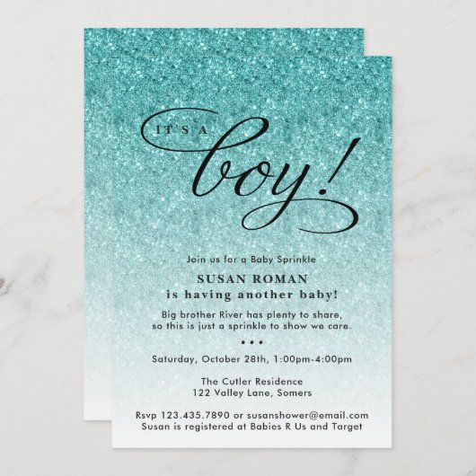 ボーイブルーグリッターグラデーションベビーシャワー 招待状 (正面/裏面)