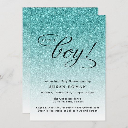 ボーイブルーグリッターベビーグラデーションシャワー 招待状 (正面/裏面)