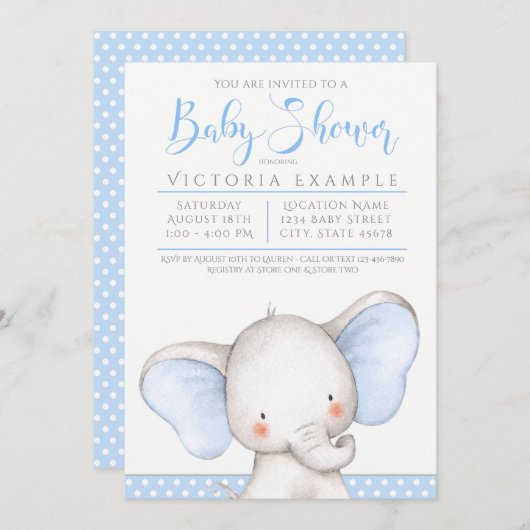 ボーイブルーグレー象の赤ちゃんシャワー 招待状 (正面/裏面)