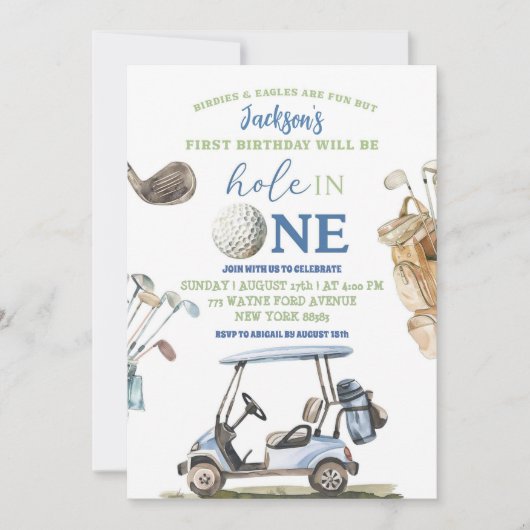 ボーイブルーゴルフホールインワンアウトドア誕生日 招待状 (正面)