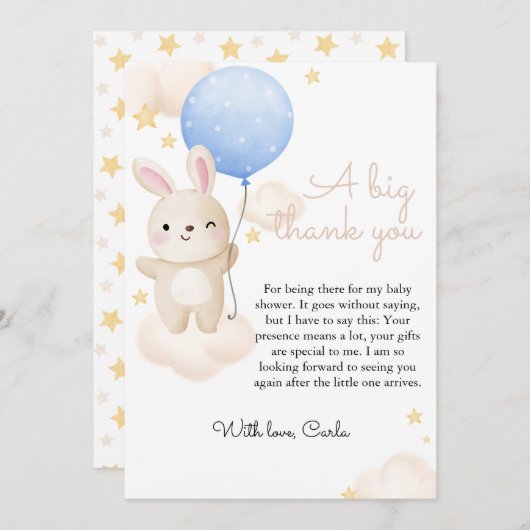 ボーイブルーバルーンかわいいバニー赤ちゃんシャワー サンキューカード (正面/裏面)