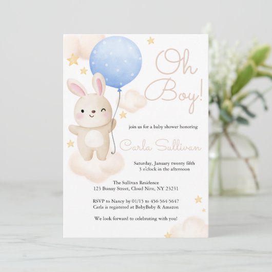 ボーイブルーバルーンかわいいバニー赤ちゃんシャワー 招待状 (スタンド正面)