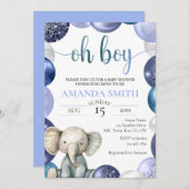 ボーイブルーバルーンキュート象ベビーシャワー招待状 招待状 (正面/裏面)