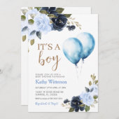 ボーイブルーバルーンフローラベビーシャワー 招待状 (正面/裏面)