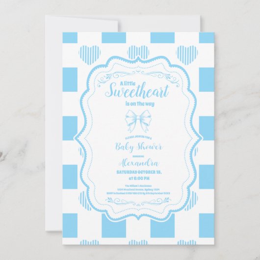 ボーイブルーバレンタインデーハート赤ちゃんシャワー 招待状 (正面)