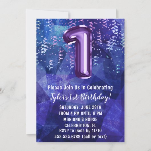 ボーイブルーパープル1歳の誕生日 招待状 (正面)