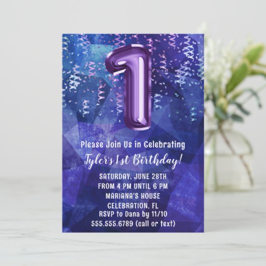 ボーイブルーパープル1歳の誕生日 招待状 (スタンド正面)