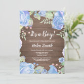 ボーイブルーフローラの赤ちゃんシャワーウッド素朴 招待状 (スタンド正面)