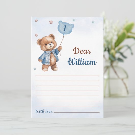 ボーイブルーベア誕生日タイムカプセルメッセージカード 招待状 (スタンド正面)