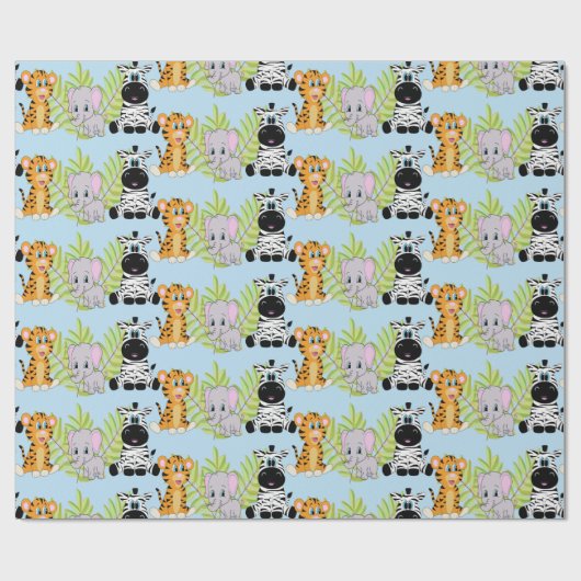 ボーイブルーベビーシャワーかわいいサファリジャングル動物 ラッピングペーパー (フラット)