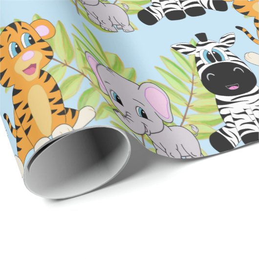ボーイブルーベビーシャワーかわいいサファリジャングル動物 ラッピングペーパー (ロールコーナー)
