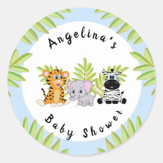 ボーイブルーベビーシャワーサファリジャングル動物 ラウンドシール (正面)