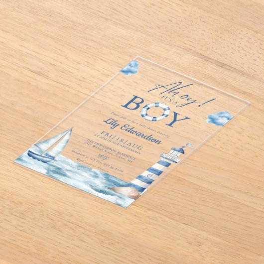 ボーイブルーベビーシャワー航海のを浴びる アクリル招待状 (レイダウン)