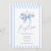 ボーイブルーボウのためのバプテスマの招待状ストライプのと 招待状 (正面/裏面)