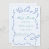 ボーイブルーボウファンキーハンド引き赤ちゃんシャワー 招待状 (正面/裏面)