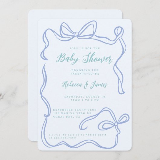 ボーイブルーボウファンキーハンド引き赤ちゃんシャワー 招待状 (正面/裏面)