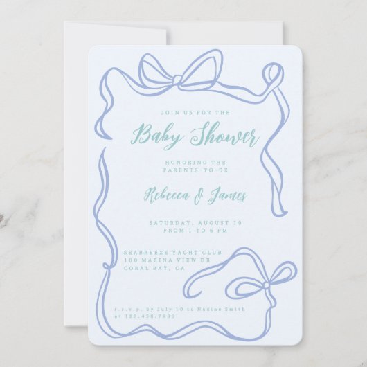 ボーイブルーボウファンキーハンド引き赤ちゃんシャワー 招待状 (正面)