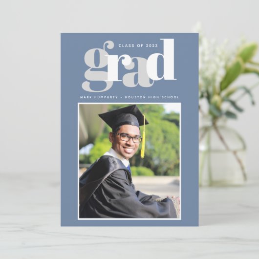 ボーイブルーモダン写真卒業パーティー招待状 案内状 (スタンド正面)