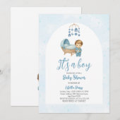 ボーイブルーモバイルクリブベビーコットベビーシャワー 招待状 (正面/裏面)