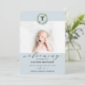 ボーイブルーユーカリプトゥスグリーンリーモノグラムベビー誕生 案内状 (スタンド正面)