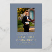 ボーイブルー写真第1聖餐式金ゴールド 箔招待状 (正面)