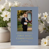 ボーイブルー写真第1聖餐式金ゴールド 箔招待状