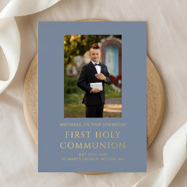 ボーイブルー写真第1聖餐式金ゴールド 箔招待状