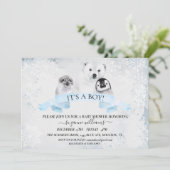 ボーイブルー冬のクリスマスベビーシャワー動物 招待状 (スタンド正面)