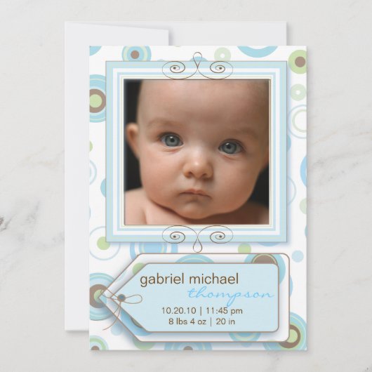 ボーイブルー水玉模様とストライプベビー発表 案内状 (正面)