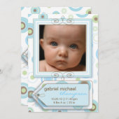ボーイブルー水玉模様とストライプベビー発表 案内状 (正面/裏面)