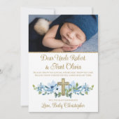 ボーイブルー金ゴールドクロスフォトゴッドペアレント 招待状 (正面)