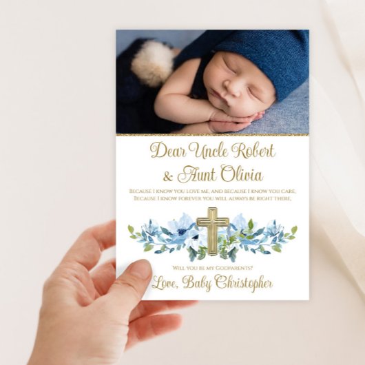 ボーイブルー金ゴールドクロスフォトゴッドペアレント 招待状