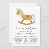 ボーイブルー金ゴールドレトロロッキングホースベビーシャワー 招待状 (正面/裏面)