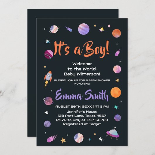 ボーイプラネッツ宇宙のベビーシャワー 招待状 (正面/裏面)