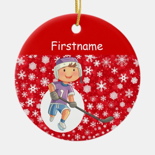 ボーイプレーヤーホッケーオーナメント – 赤白雪 セラミックオーナメント (正面)