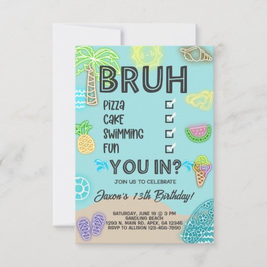 ボーイプールビーチ誕生日、ネオングロー、あなたを打つ。 招待状 (正面)