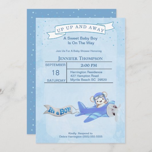 ボーイベアパイロット飛行機ベビーシャワー招待状 招待状 (正面/裏面)