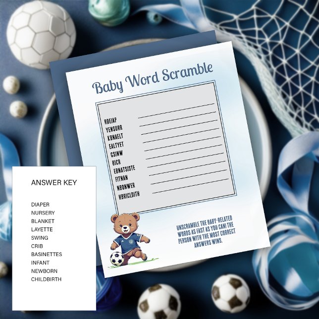 ボーイベアーサッカー選手ベビーシャワー単語スクランブル (Cute Blue Teddy Bear Soccer Player Boy Baby Shower "Baby Word Scramble" Game Card)