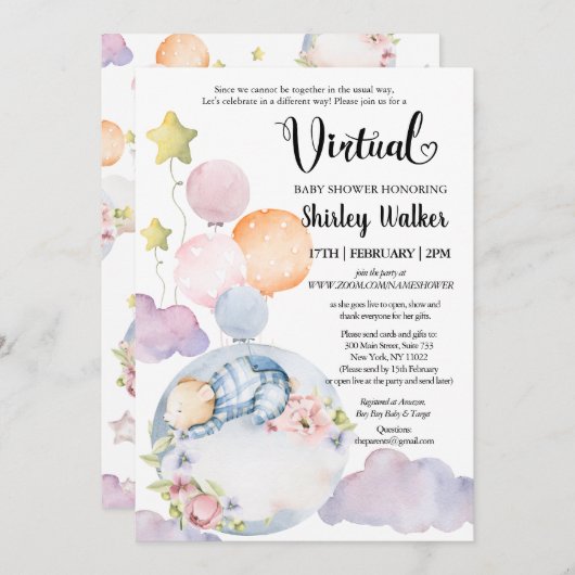 ボーイベアーピンクフローラバルーン仮想ベビーシャワー 招待状 (正面/裏面)