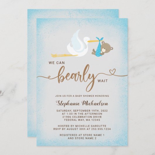 ボーイベア我々は真摯に待つことができ赤ちゃんシャワー招待状 案内状 (正面/裏面)