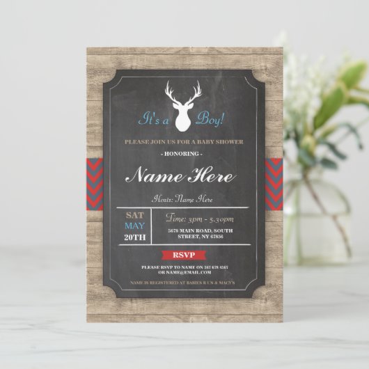 ボーイベイビーシャワーウッドアントラースタッ素朴グ招待状 招待状 (スタンド正面)