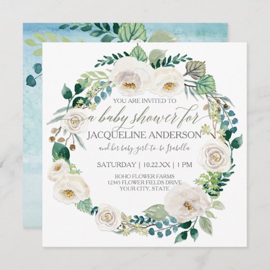 ボーイベイビーシャワーブルーnホワイトローズリーフリース 招待状 (正面/裏面)