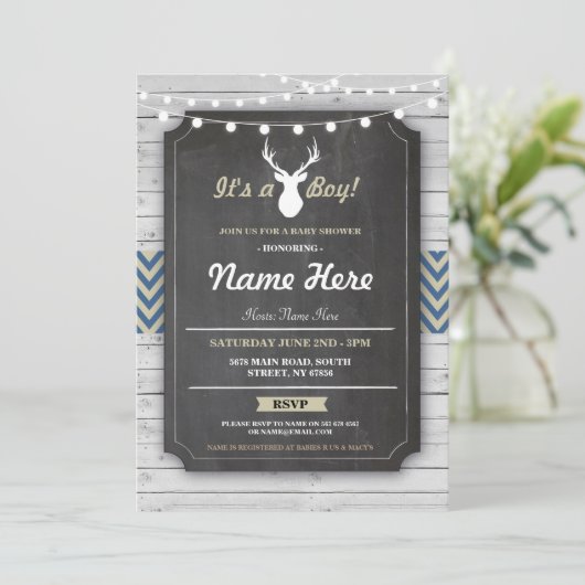 ボーイベビシャワーア素朴ントラーチョークスタン招待状 招待状 (スタンド正面)