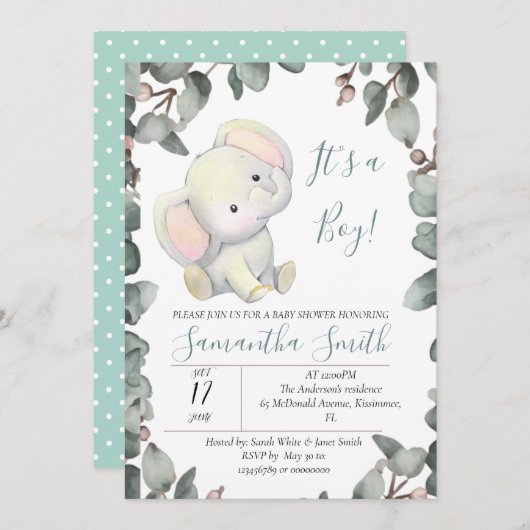ボーイベビーシャワーエレファントユーカリ離れ 招待状 (正面/裏面)