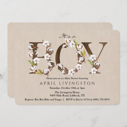 ボーイベビーシャワーコットンアルファベット招待状 招待状 (正面/裏面)