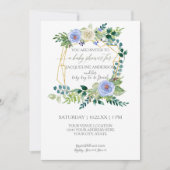 ボーイベビーシャワーブルーホワイトローゼウォーターカラーリース 招待状 (正面)